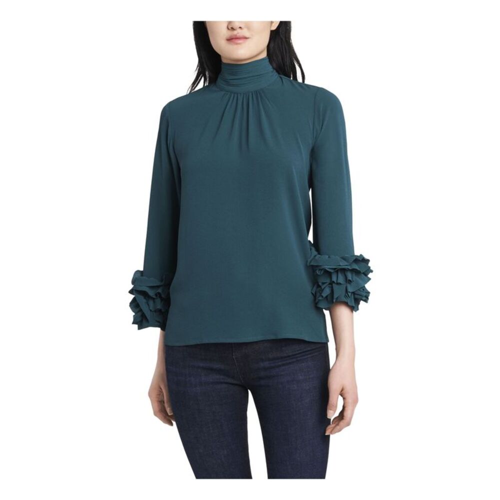 VINCE CAMUTO Womens Teal Keyhole Back 3/4 Sleeve Mock Neck Wear To Work Top XS